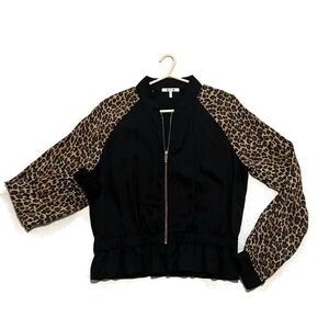 Three Dots Leopard Jungle Print Bomber Jacket Size Small Full Zip Sopranos